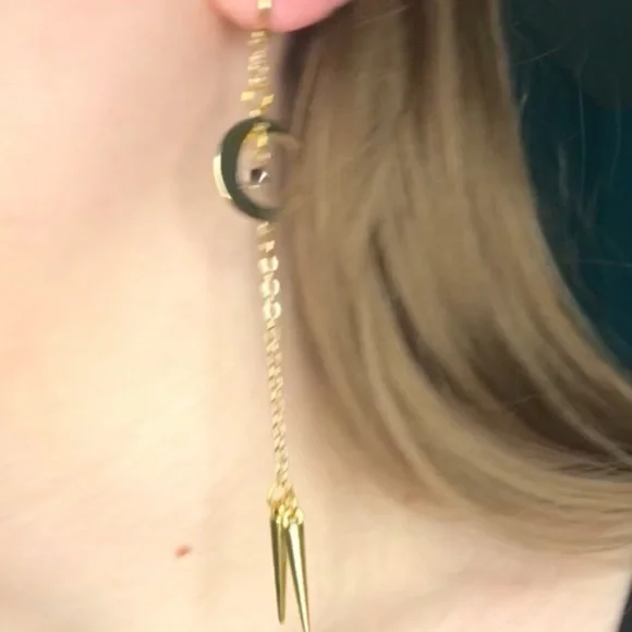 18k Gold Dangly Moon Chain Earrings with Spikes. Elegant Moon Jewelry🌙 - Picture 5 of 5